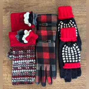 NWOT Three Stylish Red and Black Winter Gloves Set